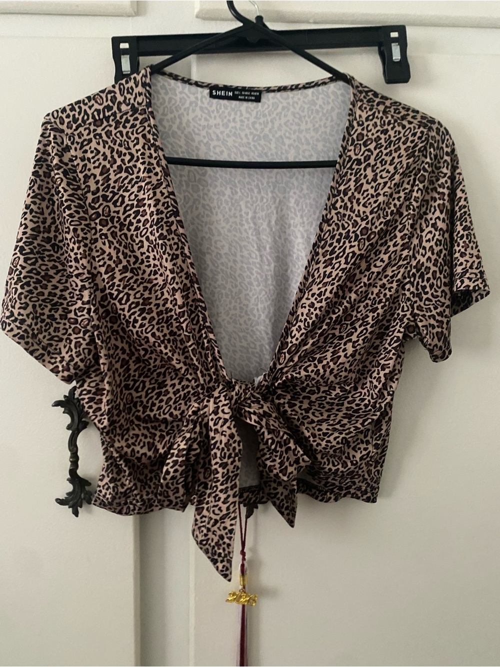 SHEIN Leopard Print Tie-Front Crop Top in Brown and Black